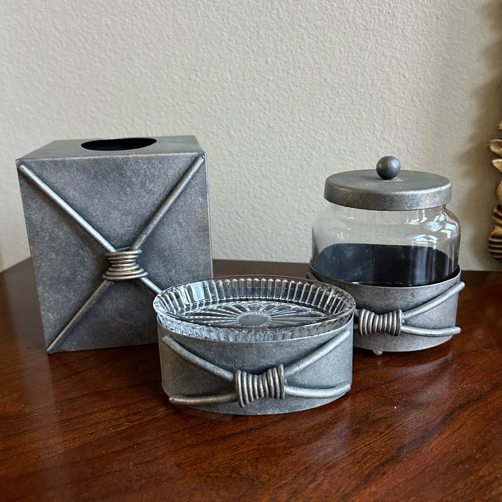 3 piece gray metal and glass bathroom set